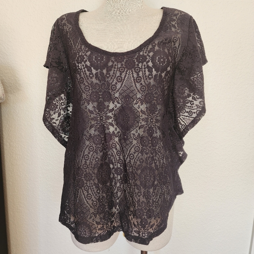 Express Gray Lace Tunic Bat Wing Sleeve Round Hem Women's Top Size L